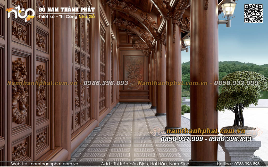 Nhà gỗ 5 gian thông hiên cửa bức bàn